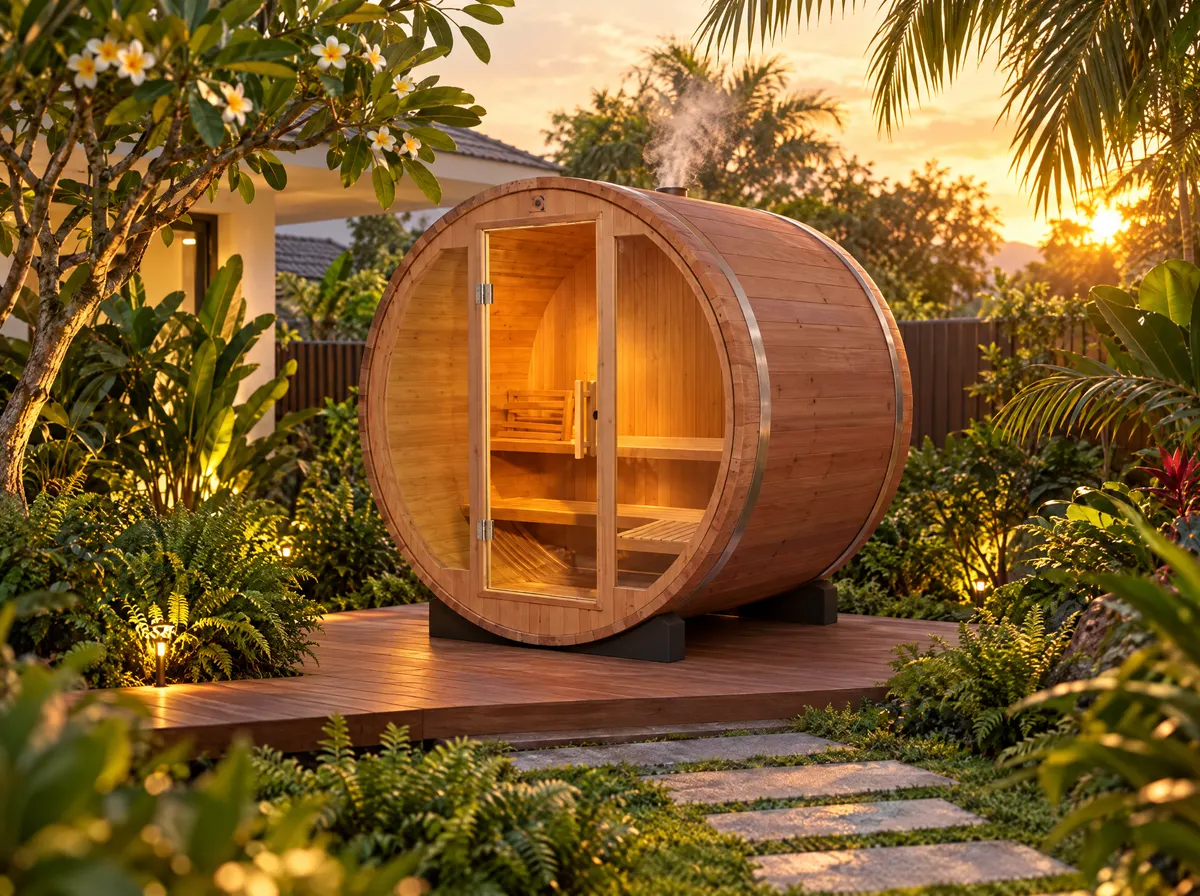 Barrel sauna in Canadian red cedar with a glass front on a timber deck in a tropical garden