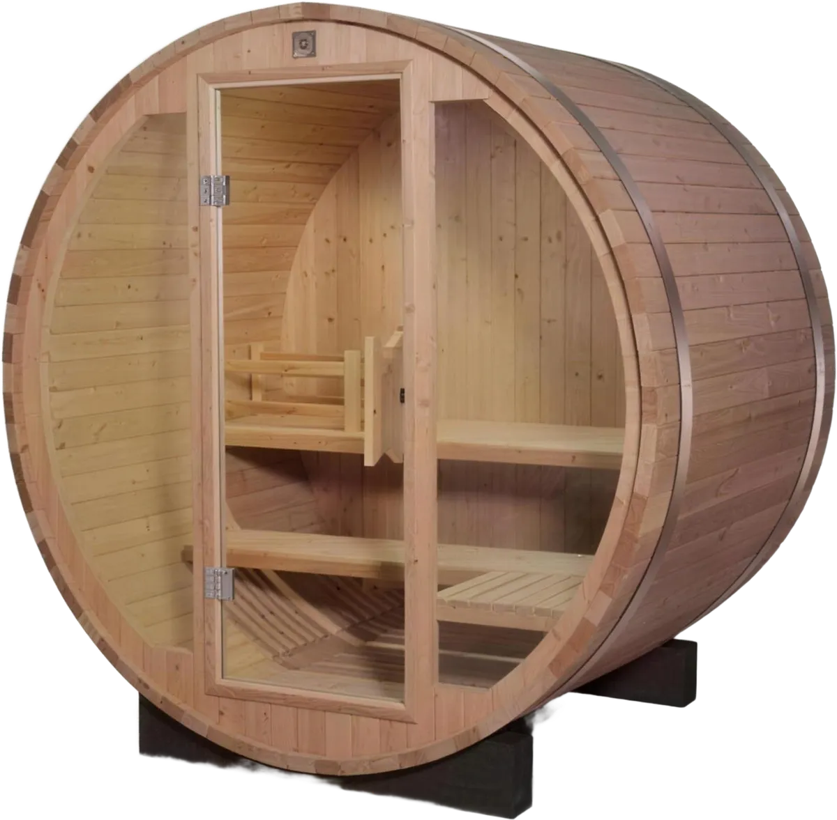 Barrel sauna spruce karbonisasi dengan pintu kaca, bangku anjung dan kaki hitam