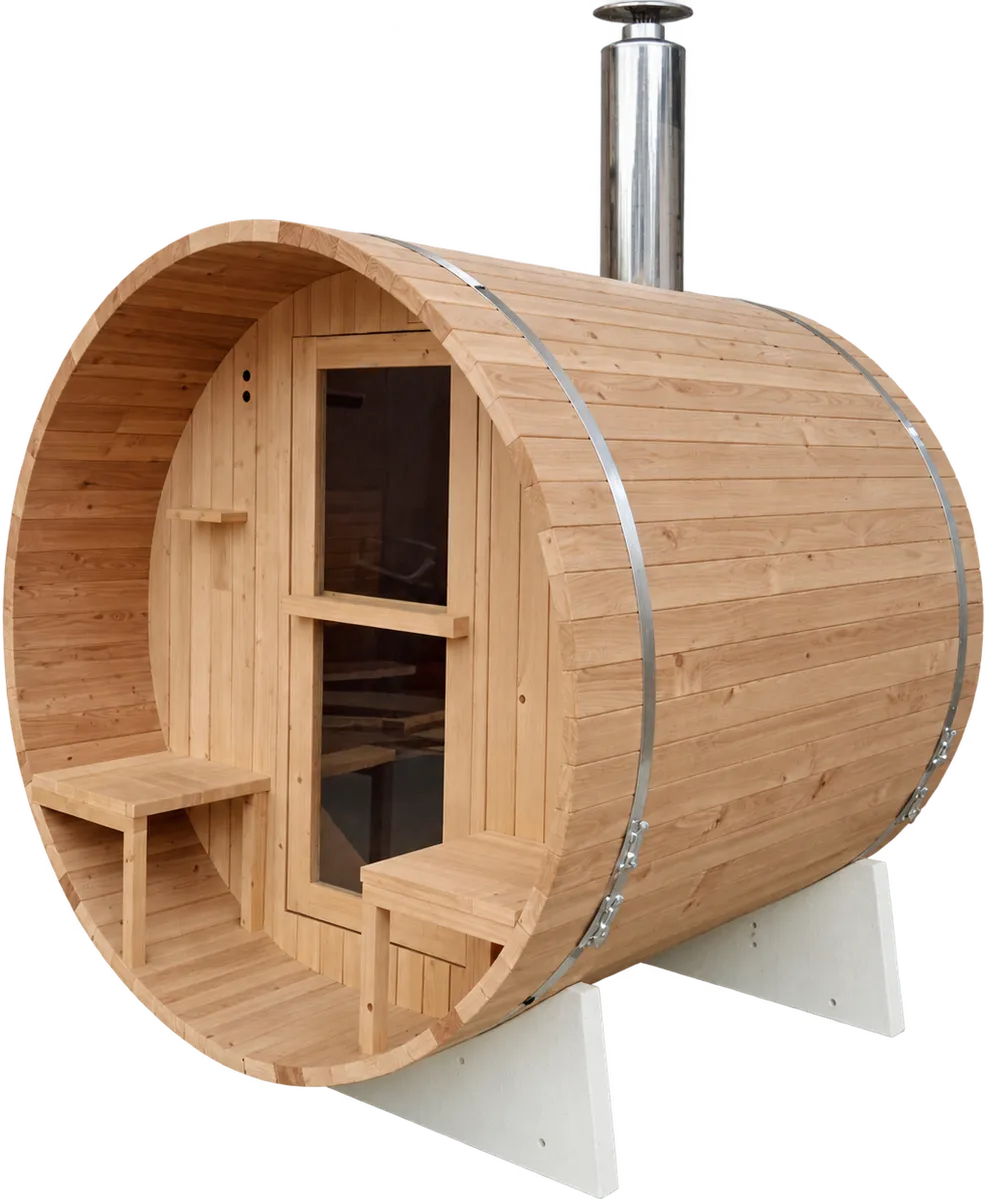 Barrel sauna karbonisasi klasik dengan anjung terbuka, pintu kaca dan dua bangku