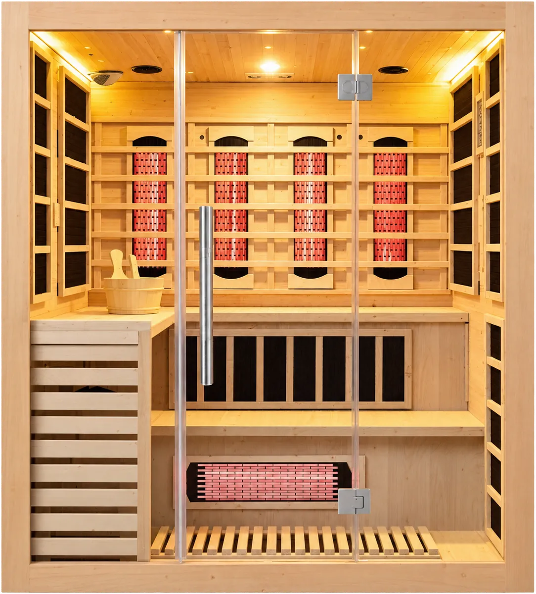 Dry and wet sauna steam room in Canadian hemlock with tiered benches and a glass door