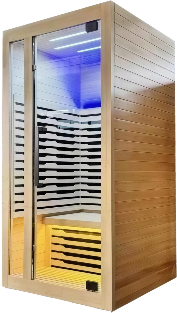 One-seat graphene infrared sauna in Canadian hemlock with a glass door and blue mood lighting