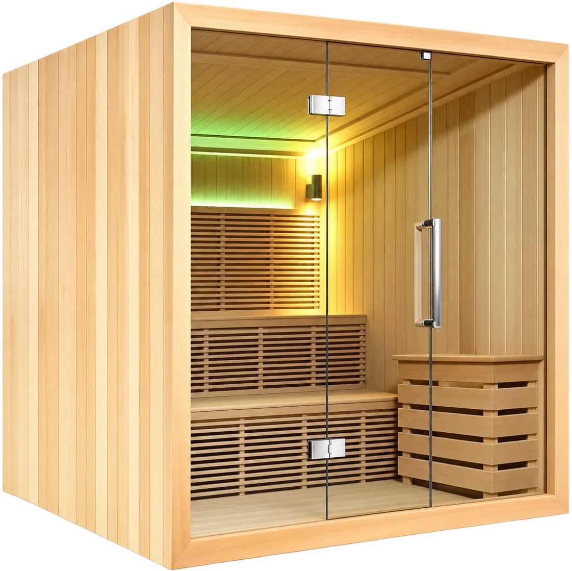 Home wet steam sauna in pale solid wood with a glass front, slatted benches and a soft green ceiling light