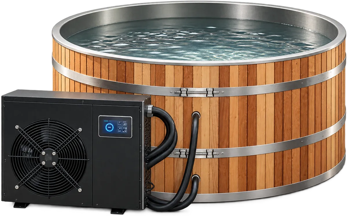 Hot and cold tub in cedar for a home sauna setup, with a black temperature control unit connected by hoses