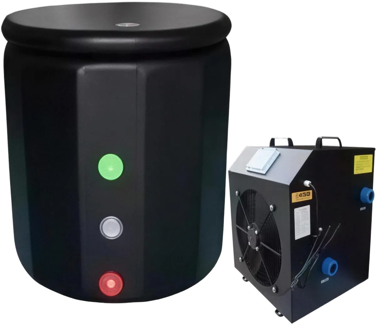 Black ice bath barrel with its chiller unit and coloured inlet valves