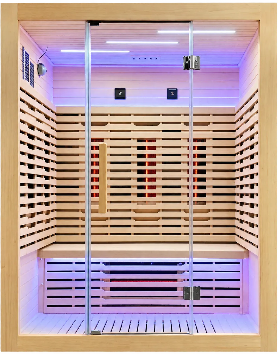 Infrared sauna in Canadian hemlock with graphene panels and full-spectrum heating tubes behind a glass front