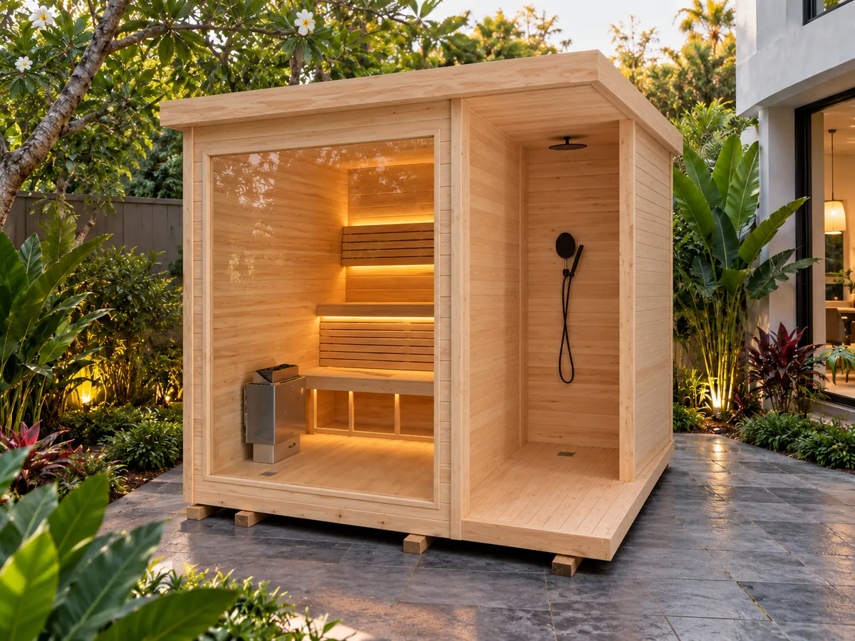 Outdoor sauna dengan bilik pancuran dalam hemlock cerah, pemanas dan bangku di sebalik kaca, di taman tropika