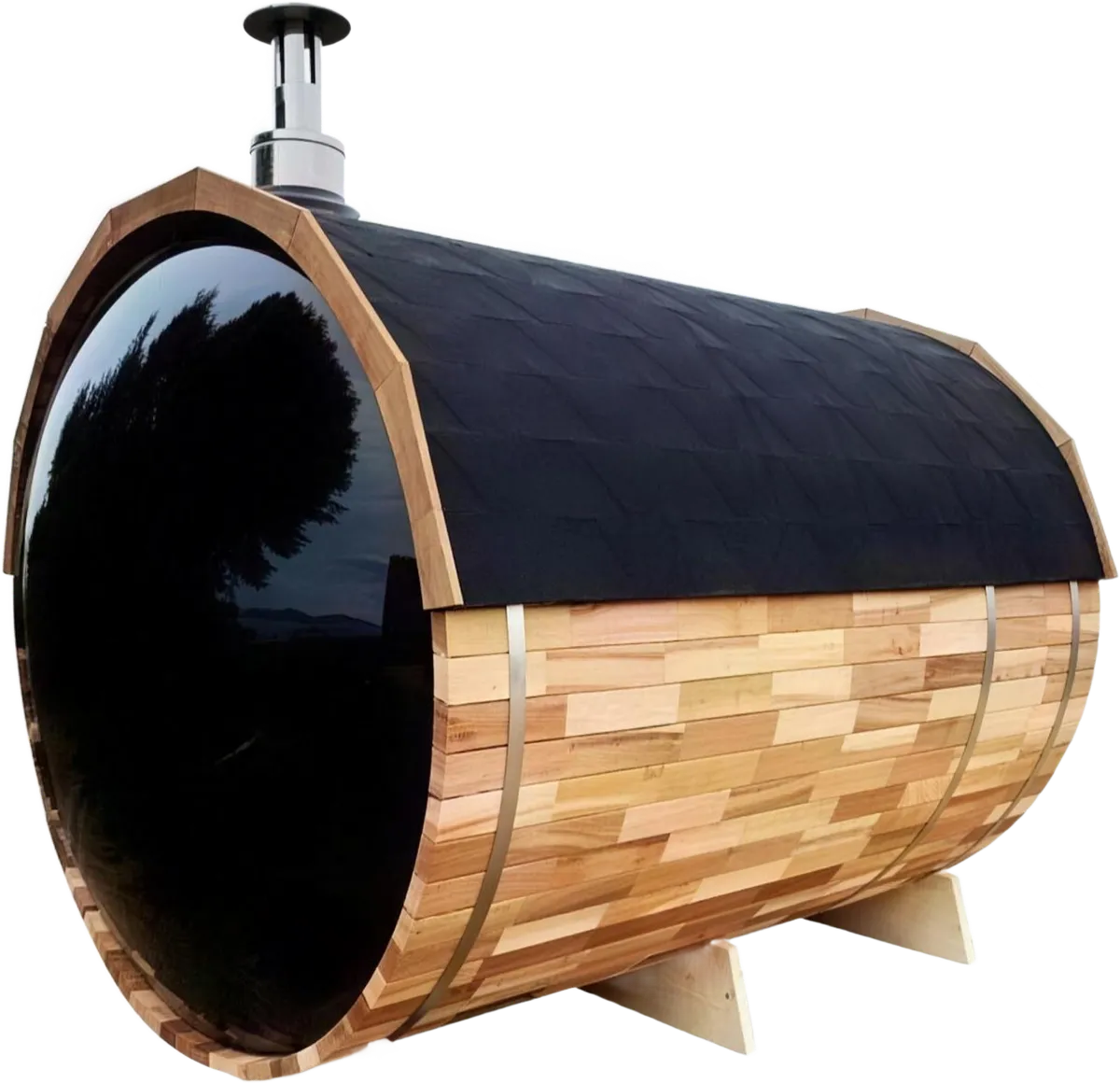 Barrel sauna kaca panorama dalam Canadian red cedar dengan kanopi kaca berwarna dan serombong