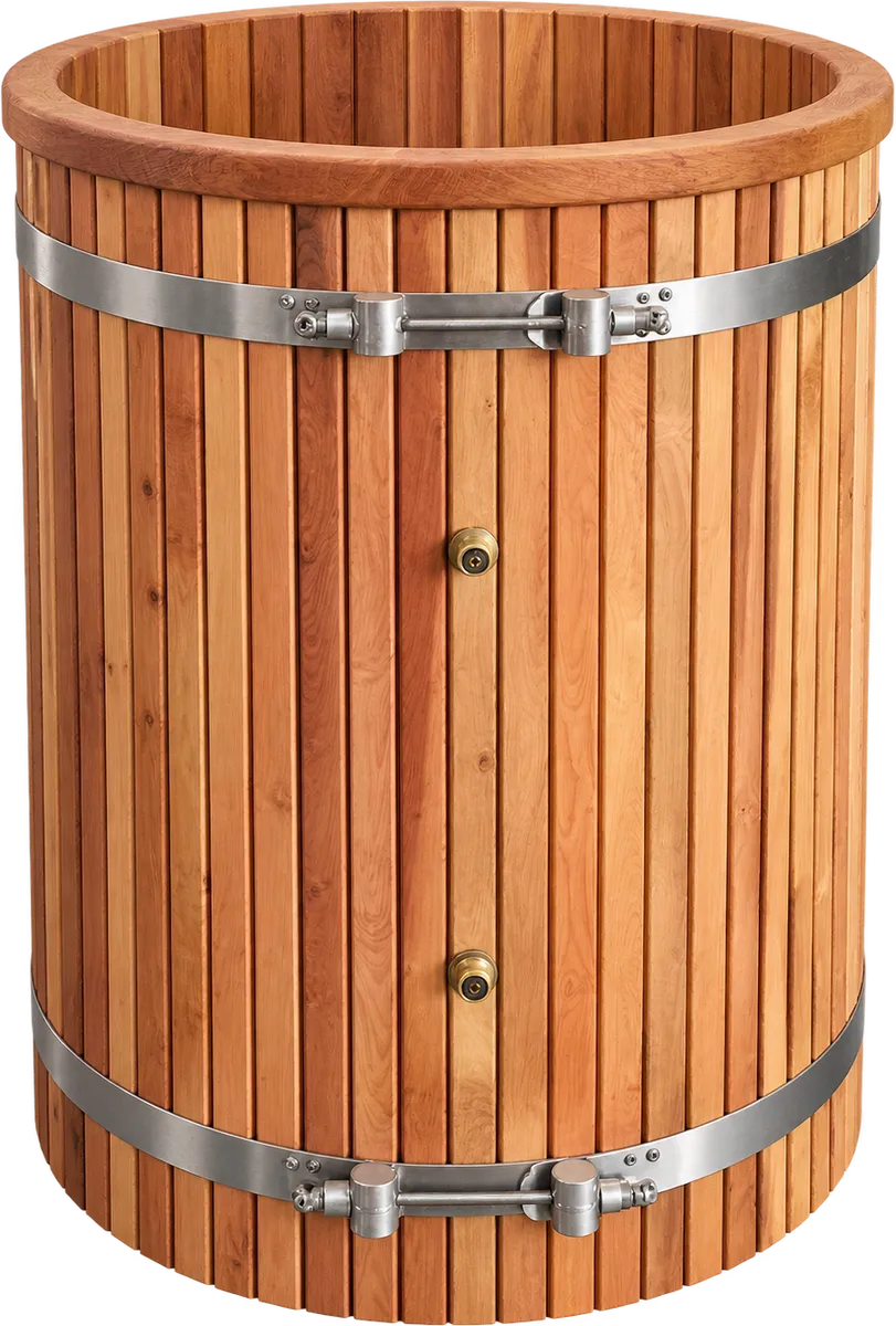 Red cedar ice bath barrel with stainless steel bands and brass taps