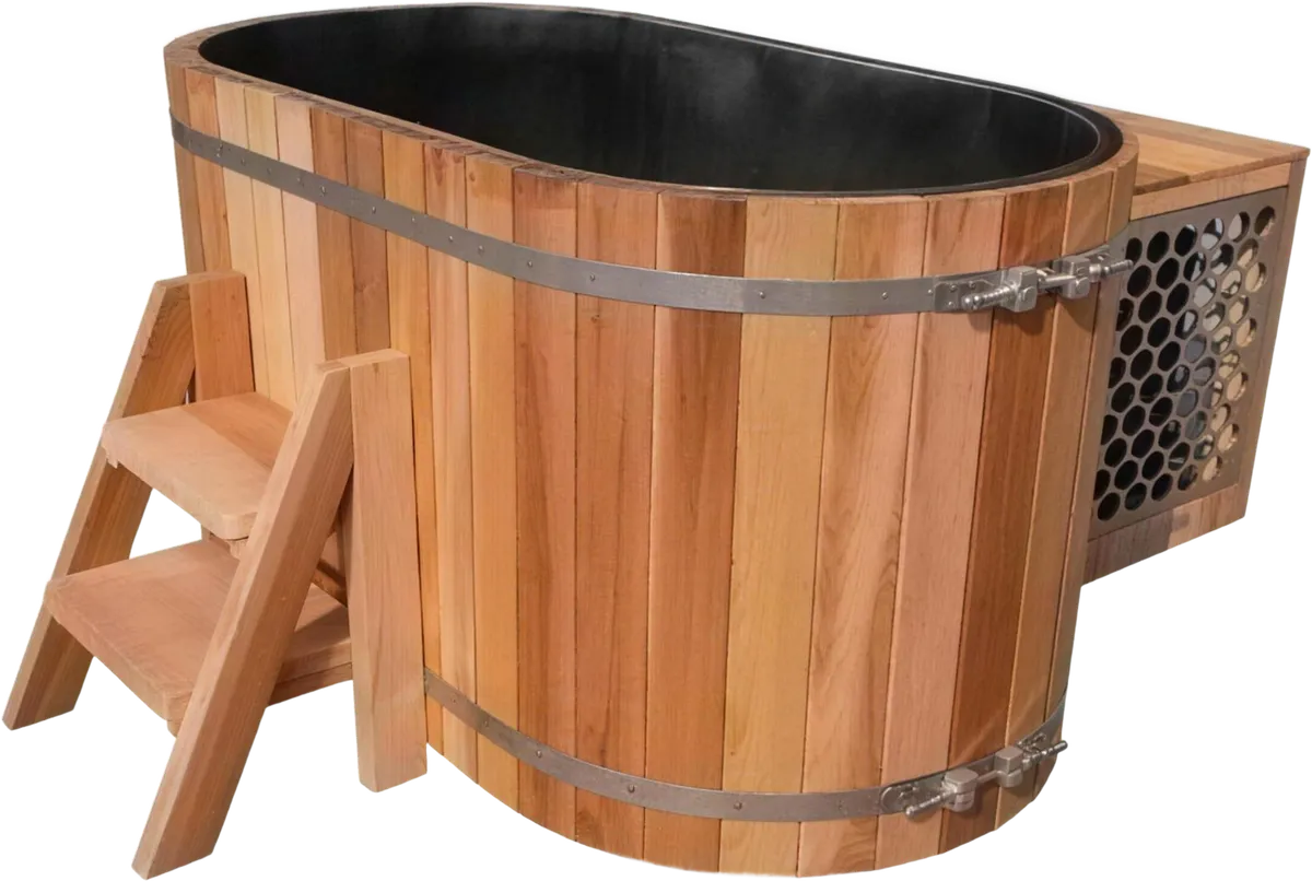Oval red cedar ice bath tub with wooden steps and a side-mounted chiller