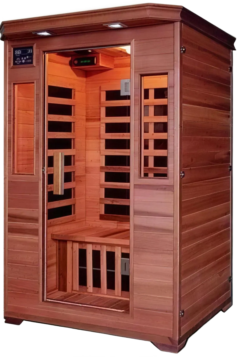 Red cedar infrared sauna for two with a glass door and graphene heating panels