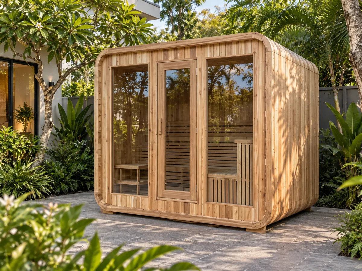 Barrel sauna segi empat red cedar dengan sudut bulat dan muka kaca di taman tropika