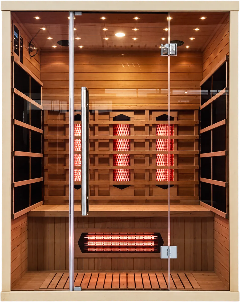 Square indoor sauna cabin in Canadian hemlock with a full glass front and red heating lamps