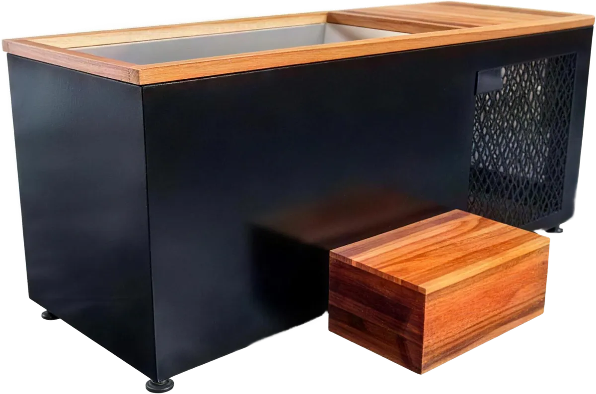Black timber-topped ice bath with a wooden step and an integrated chiller grille