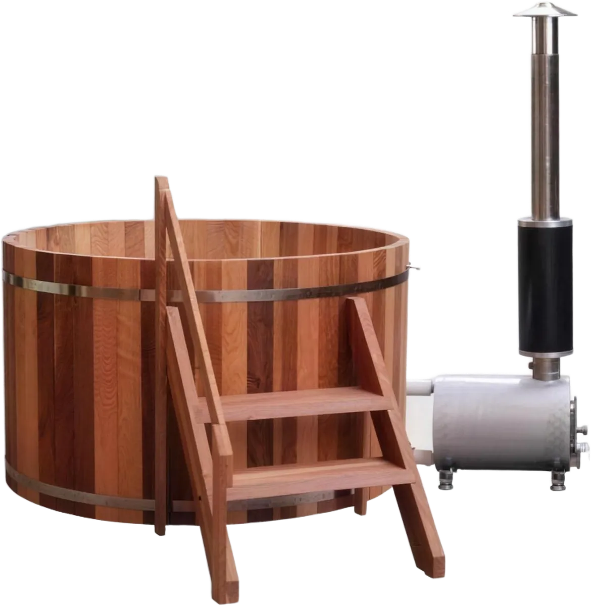 Wooden hot tub in red cedar with an external wood-fired heater, chimney and ladder