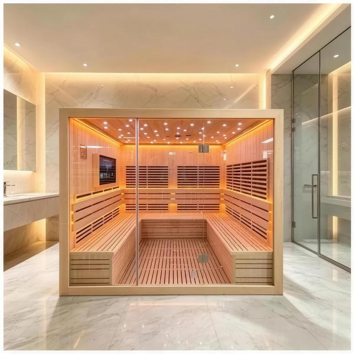 Family far infrared sauna room in Canadian hemlock with graphene heating panels and amber lighting