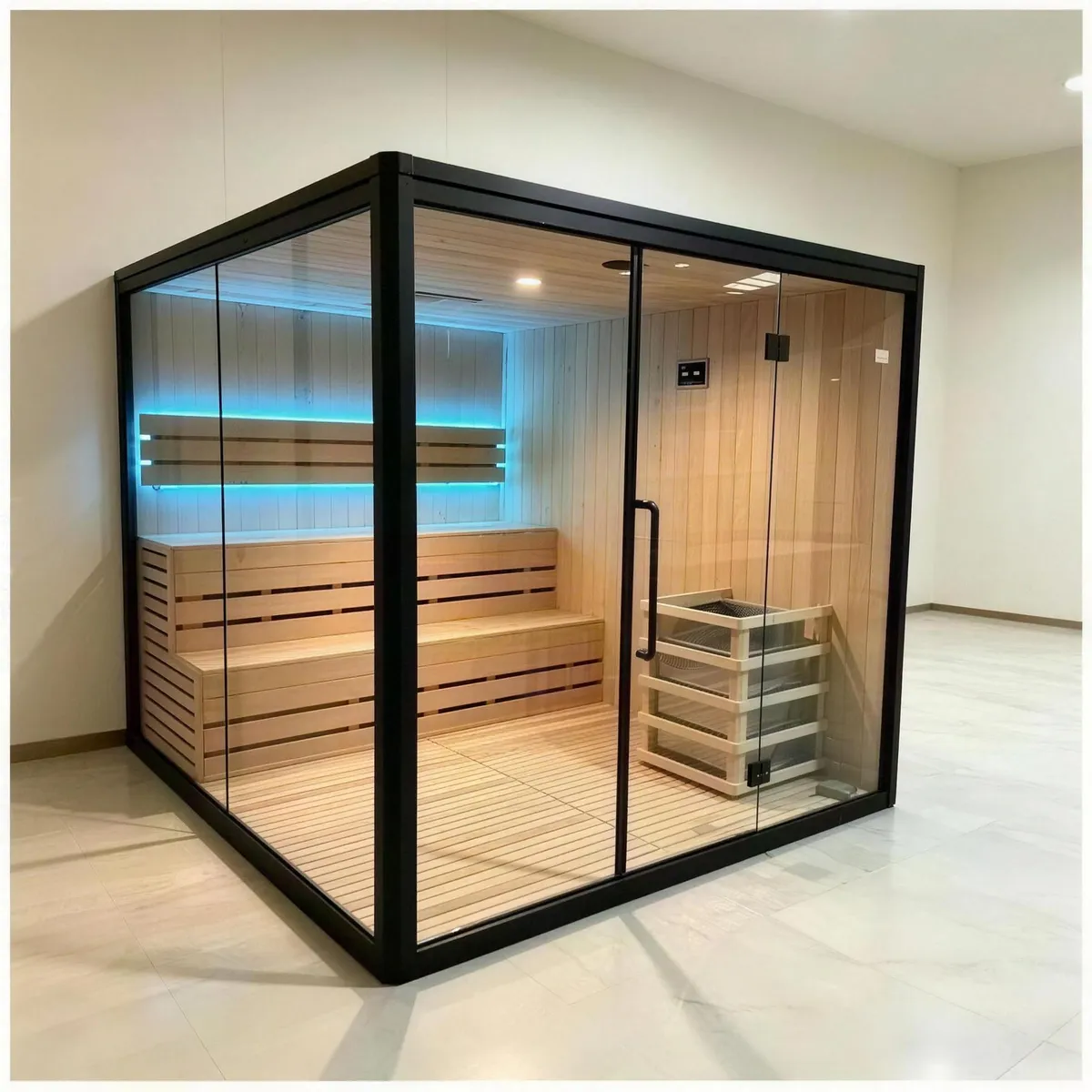 Glass-walled indoor steam sauna room in hemlock with a black steel frame