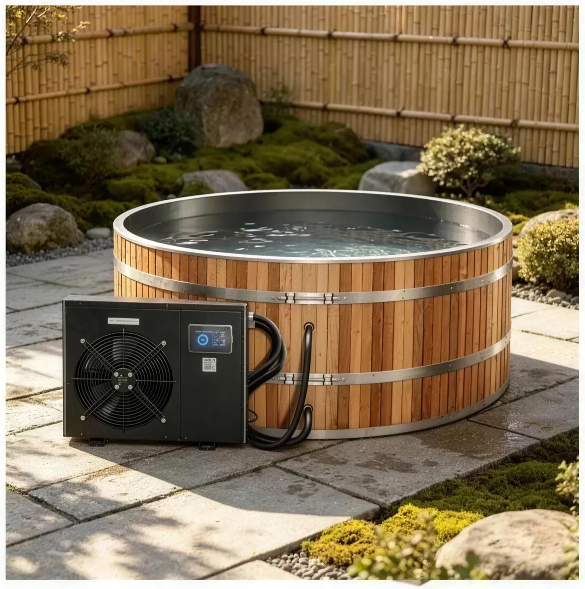 Hot tub and cold plunge in one cedar tub with its temperature control unit on a garden deck