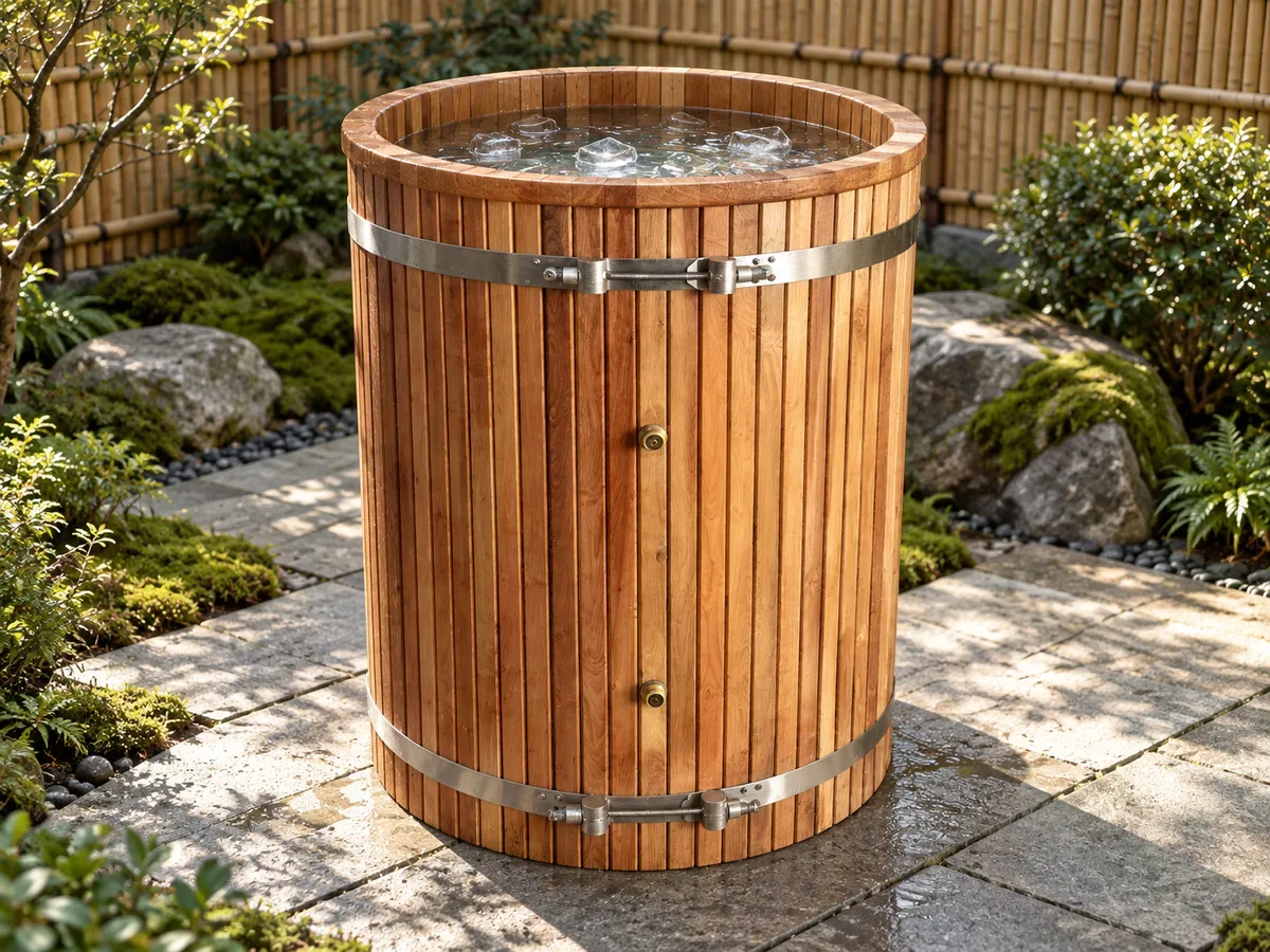 Ice bath barrel in Canadian red cedar with ice floating on the water, on stone paving in a garden