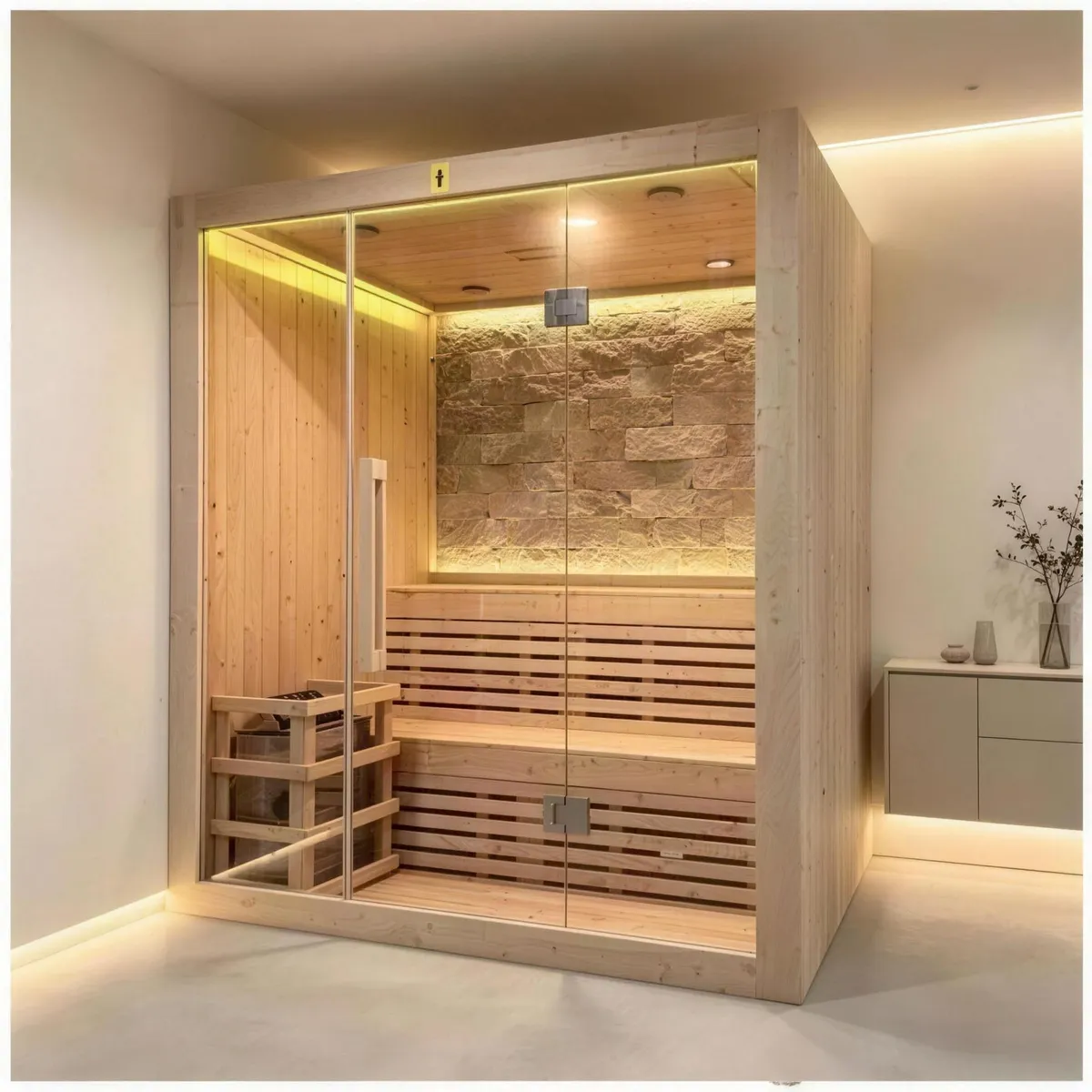 Indoor sauna room with electric sauna heater, glass door and hemlock benches