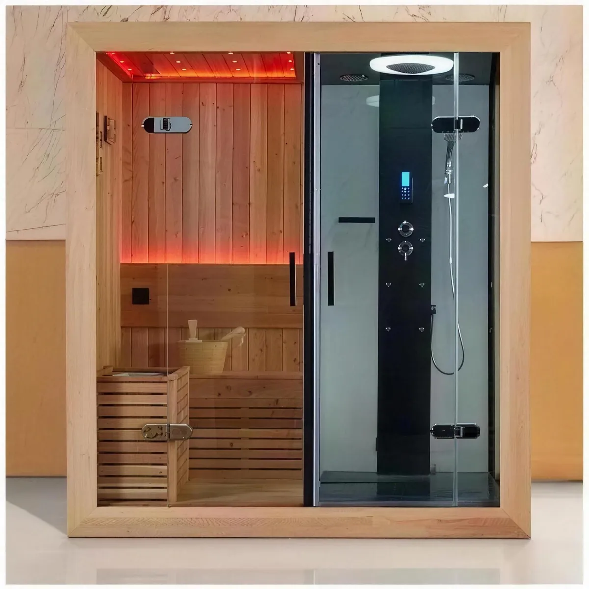 Indoor sauna room in hemlock with a built-in steam shower behind a glass door