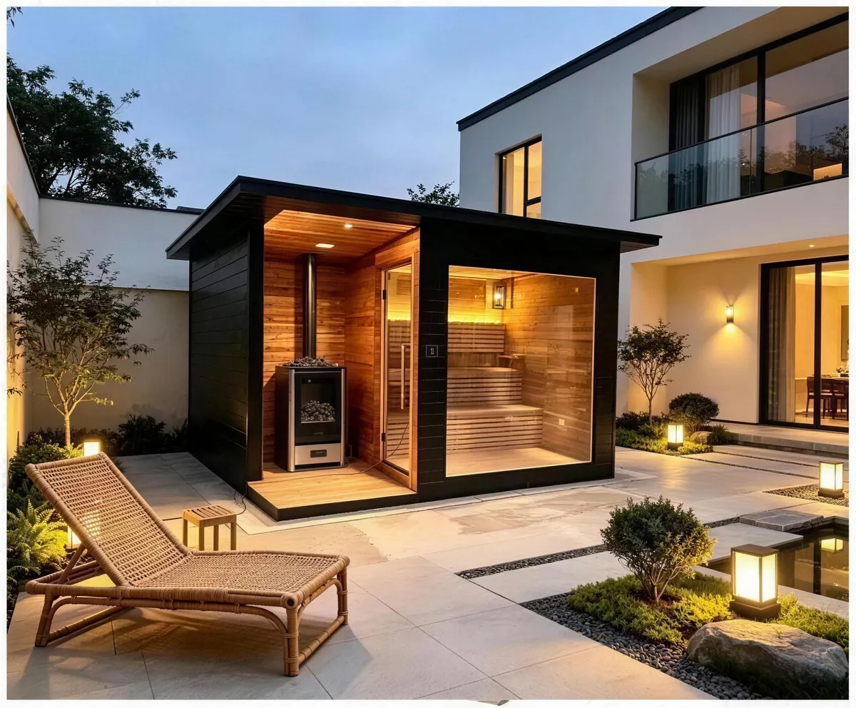 Outdoor sauna moden untuk laman dalam dengan fasad kayu hitam dan dalaman hemlock yang bercahaya pada waktu senja