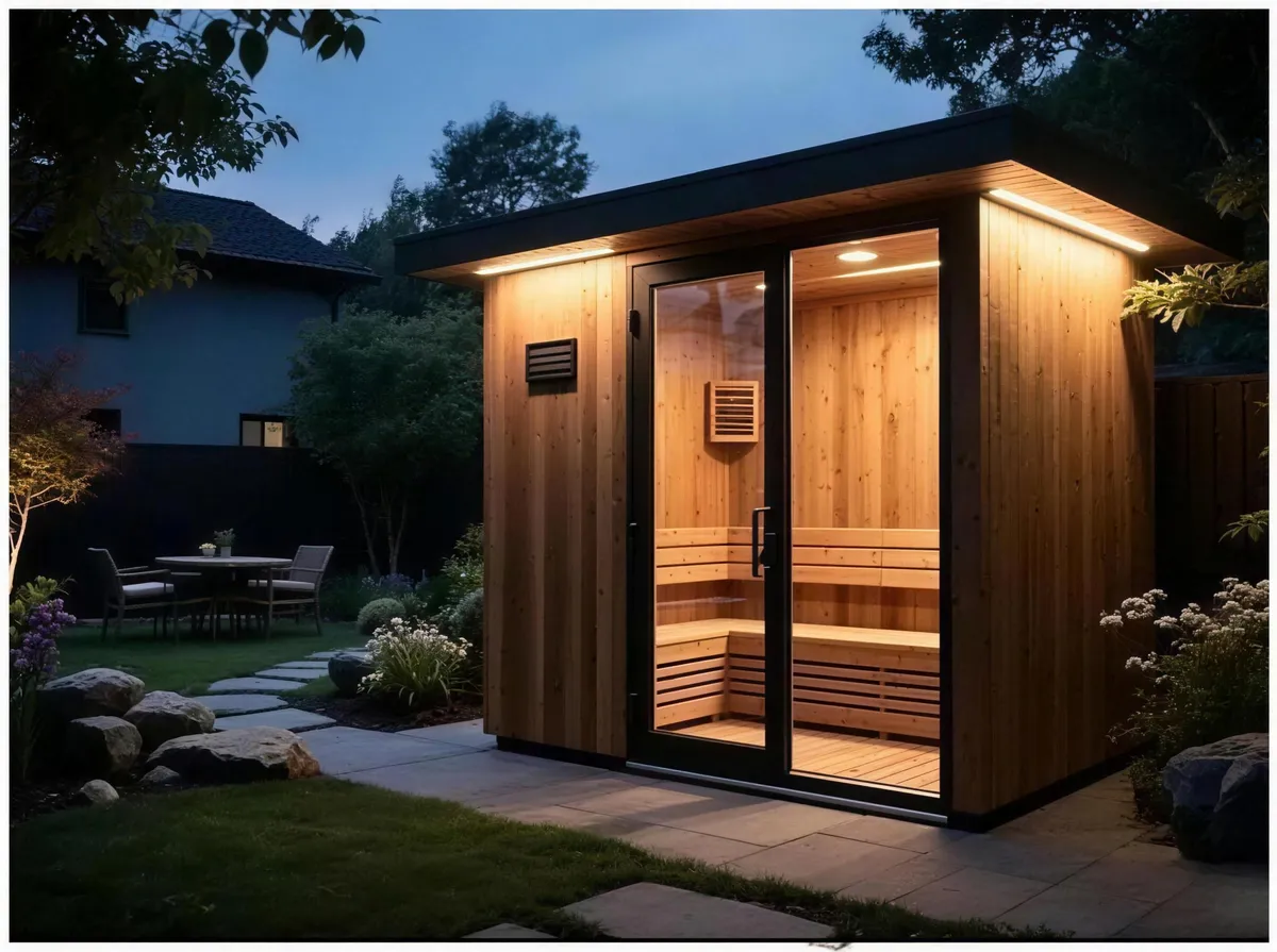 Outdoor sauna cabin in black timber glowing at night in a landscaped garden