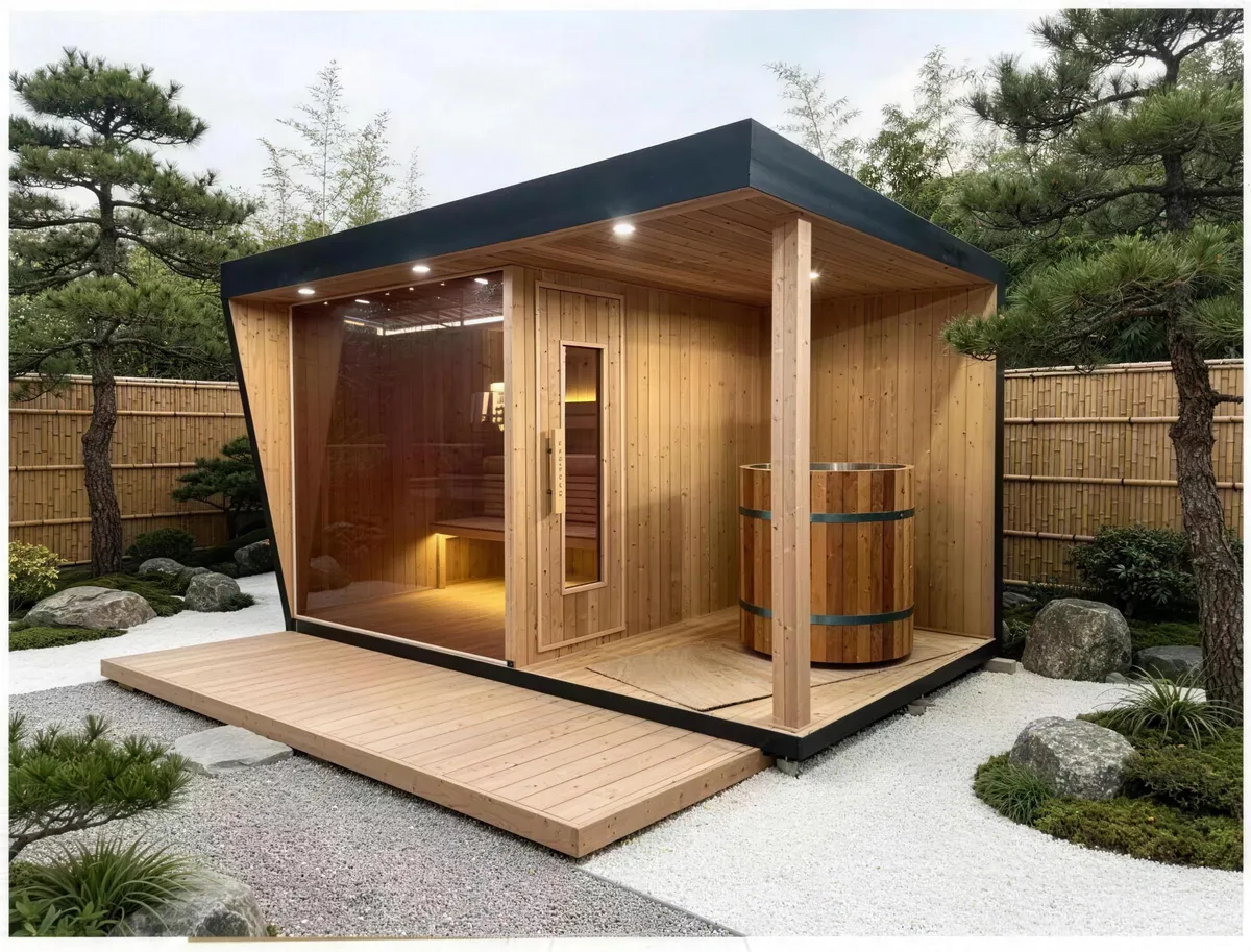 Kabin outdoor sauna pemanas dapur dengan bumbung sirap asfalt di sisi hot tub kayu di taman zen