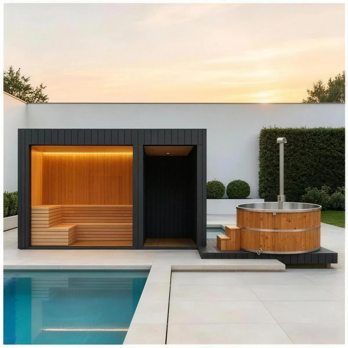 Outdoor sauna cabin beside a pool with a wooden hot tub on the deck