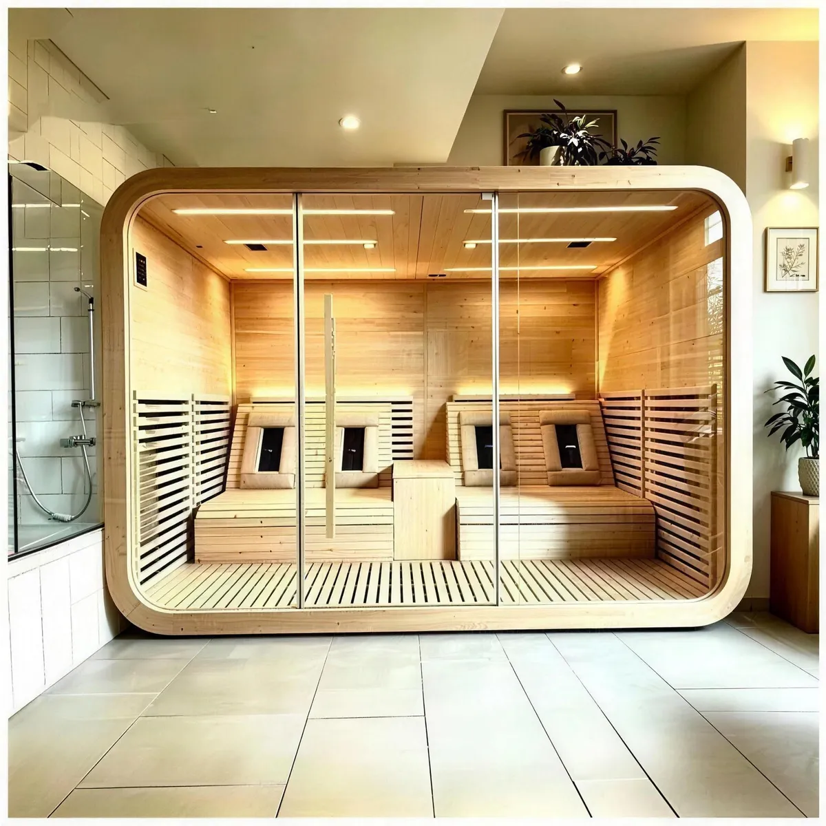 Recliner far infrared sauna room with two lounge seats in Canadian hemlock