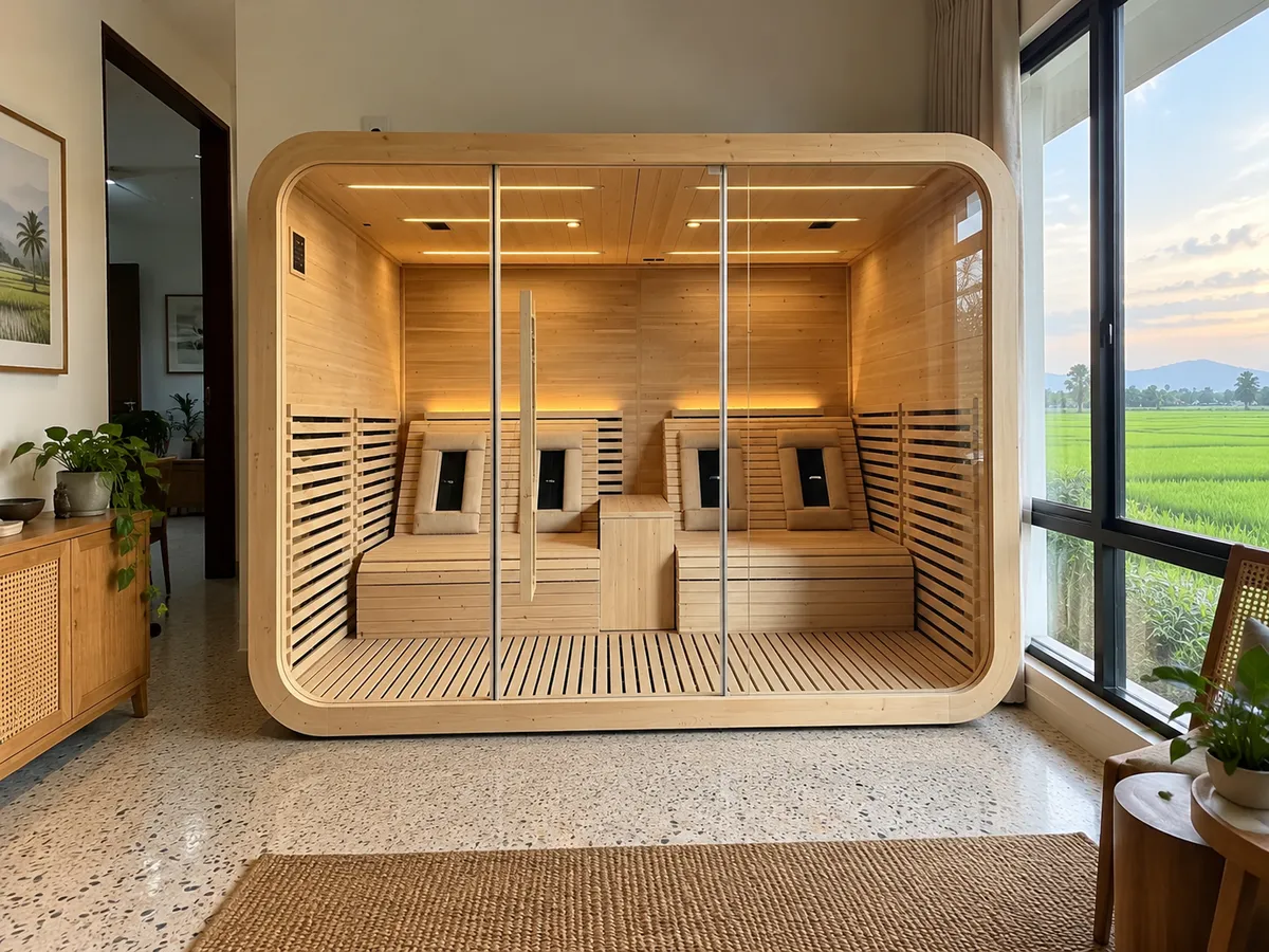 Recliner infrared sauna room in Canadian hemlock with paddy fields outside, Alor Setar
