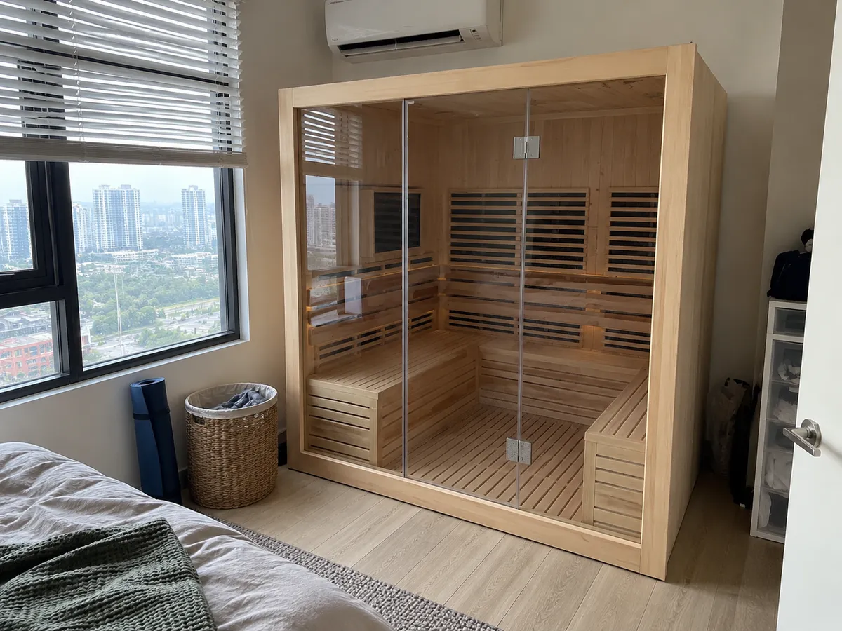 Infrared sauna room in Canadian hemlock in the spare bedroom of a Bukit Jalil condo