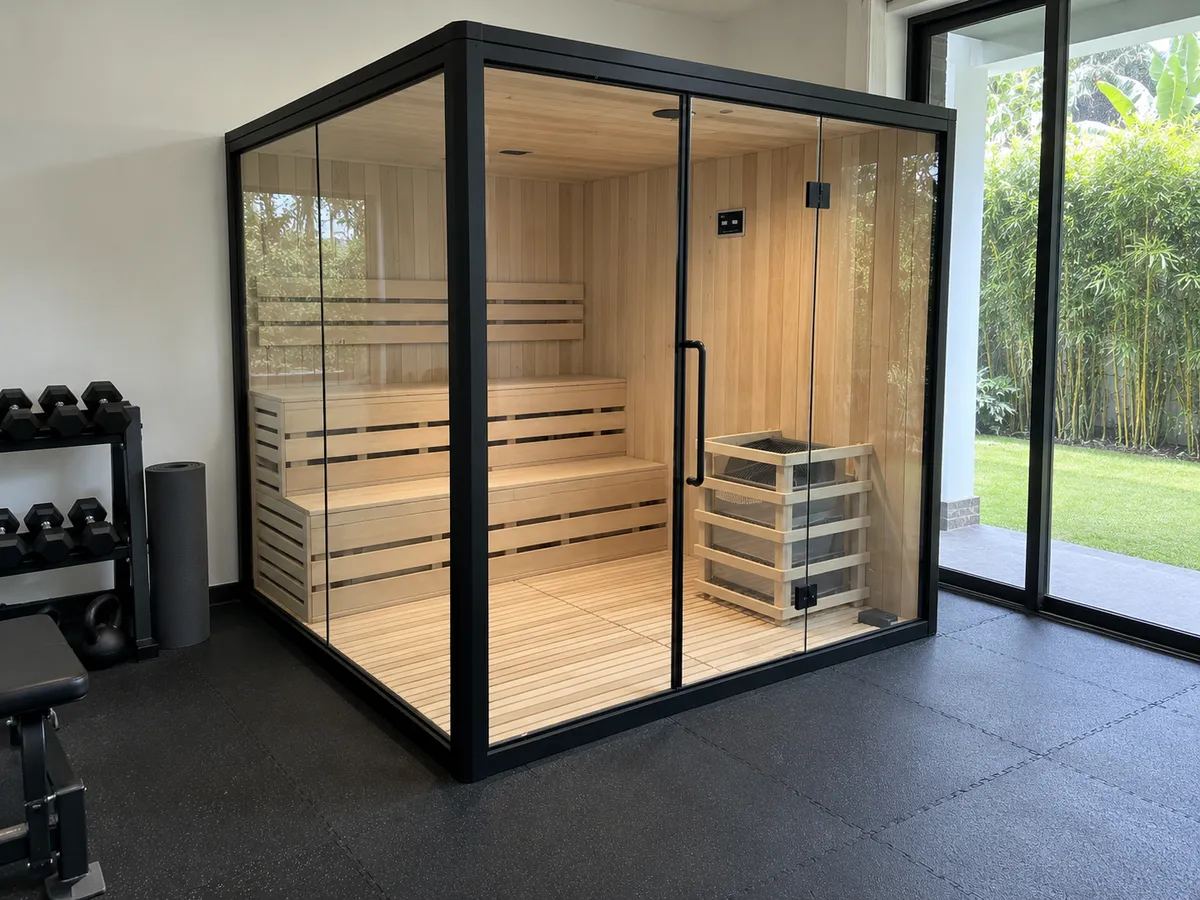 Glass-walled indoor sauna room with a black steel frame in a Damansara Heights home gym