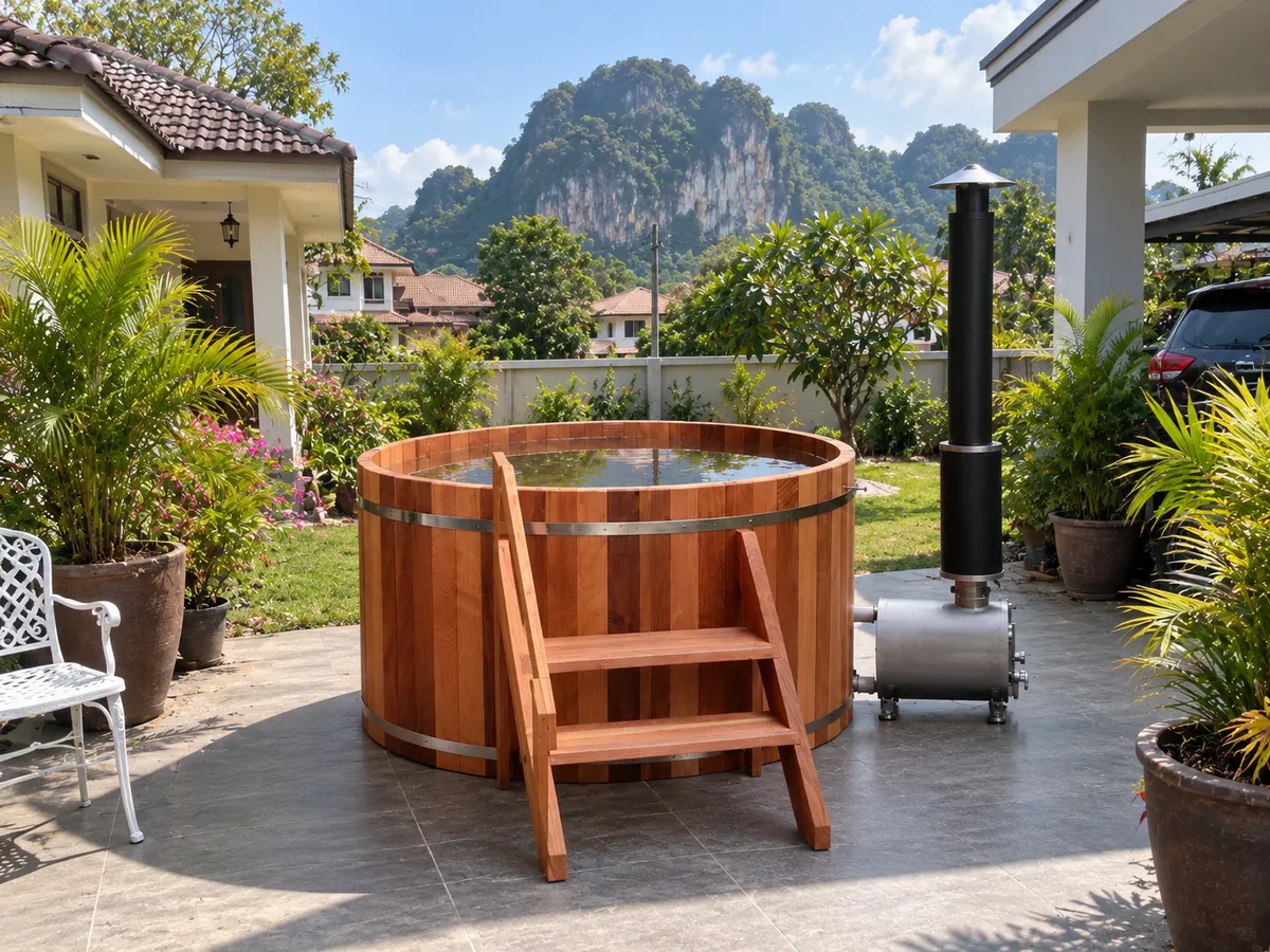 Wood-fired wooden hot tub in red cedar in an Ipoh backyard with limestone hills behind
