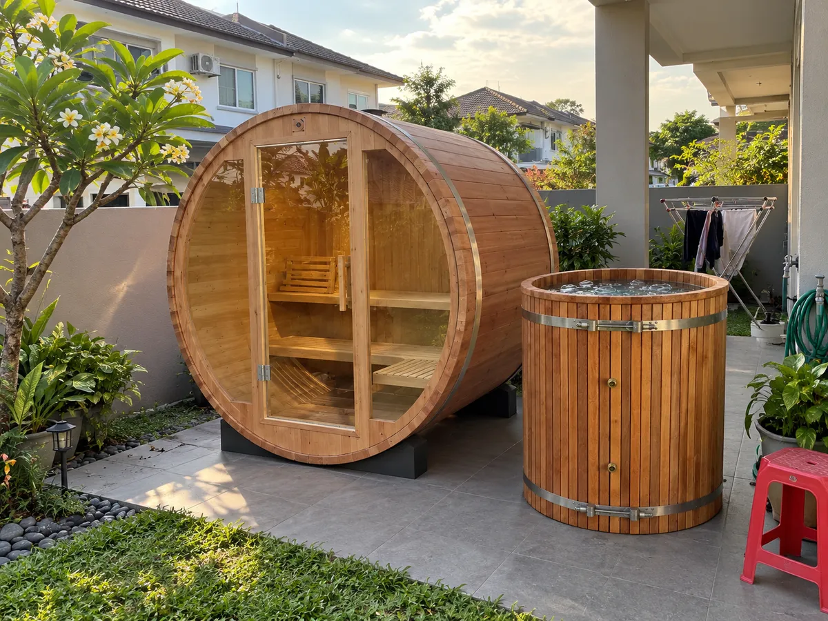Red cedar barrel sauna and ice bath in a Johor Bahru backyard