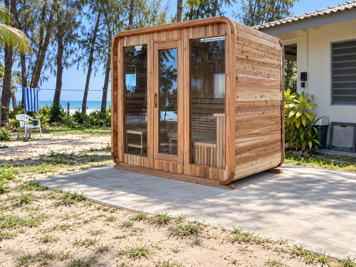 Square barrel sauna in red cedar with a glass front behind a beach house near Kuantan