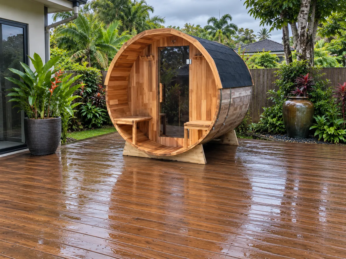 Barrel sauna with an open porch and benches on a wet timber deck in a Kuching garden