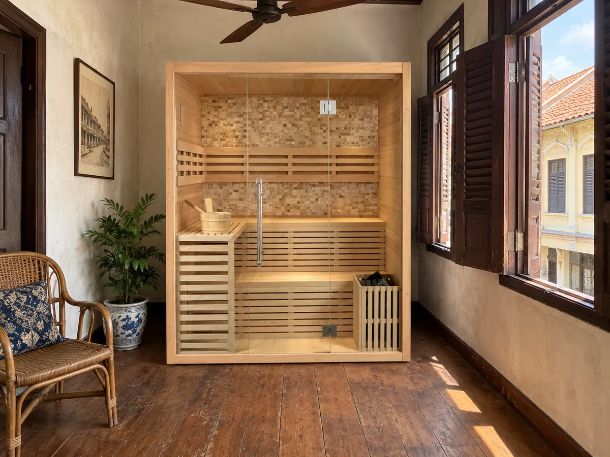 One-person sauna room in hemlock in an upstairs room of a Melaka shophouse