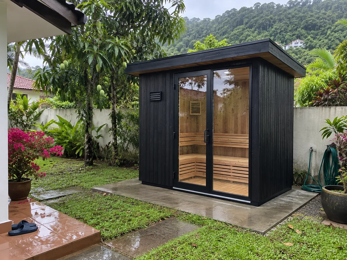 Outdoor sauna cabin with a black timber facade and glass front in a Penang garden
