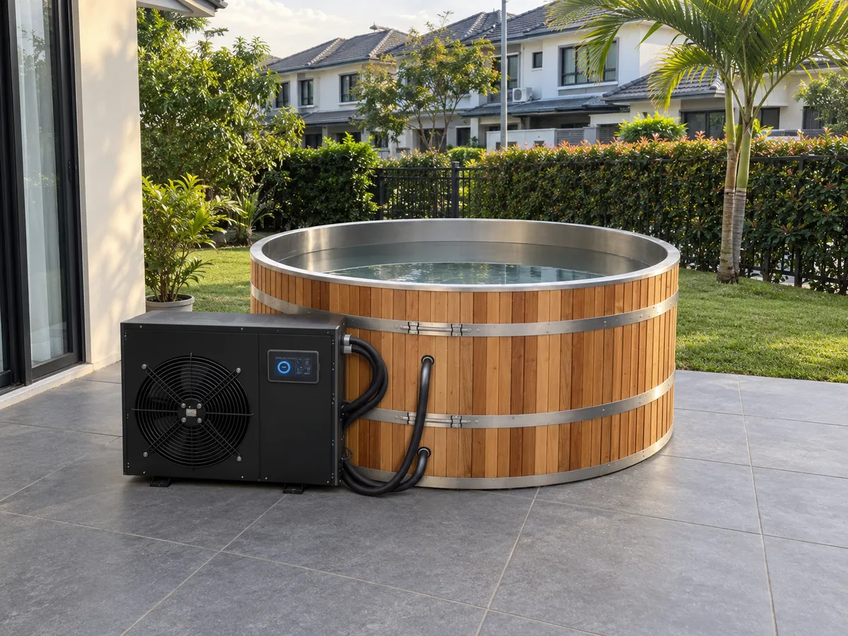 Hot tub and cold plunge in one cedar tub on a Putrajaya patio