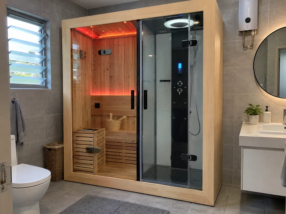 Sauna room in hemlock with a built-in shower in a Seremban terrace house bathroom