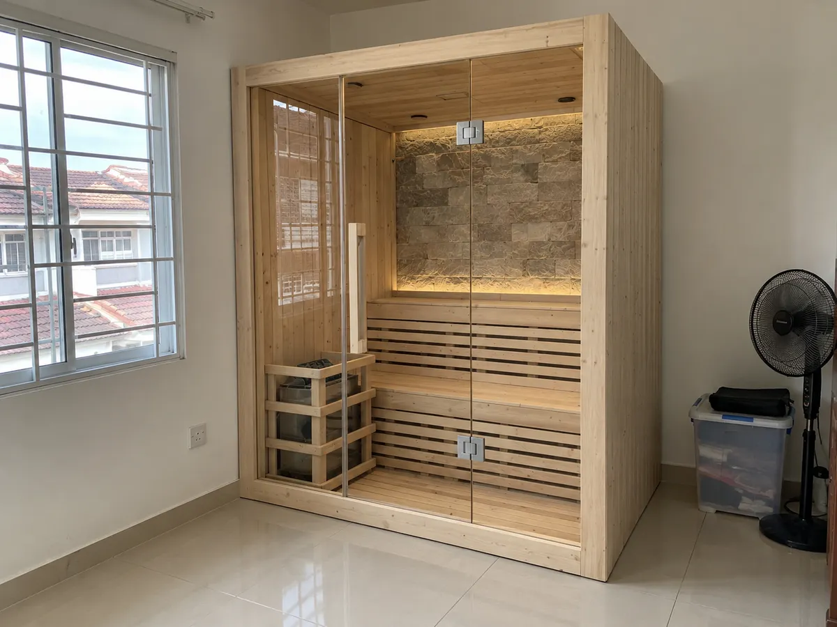 Indoor sauna room in Canadian hemlock with a glass door in a Shah Alam terrace house room