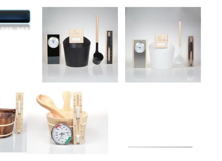 Wooden sauna bucket, ladle and sand timer, the accessories used in every sauna room session