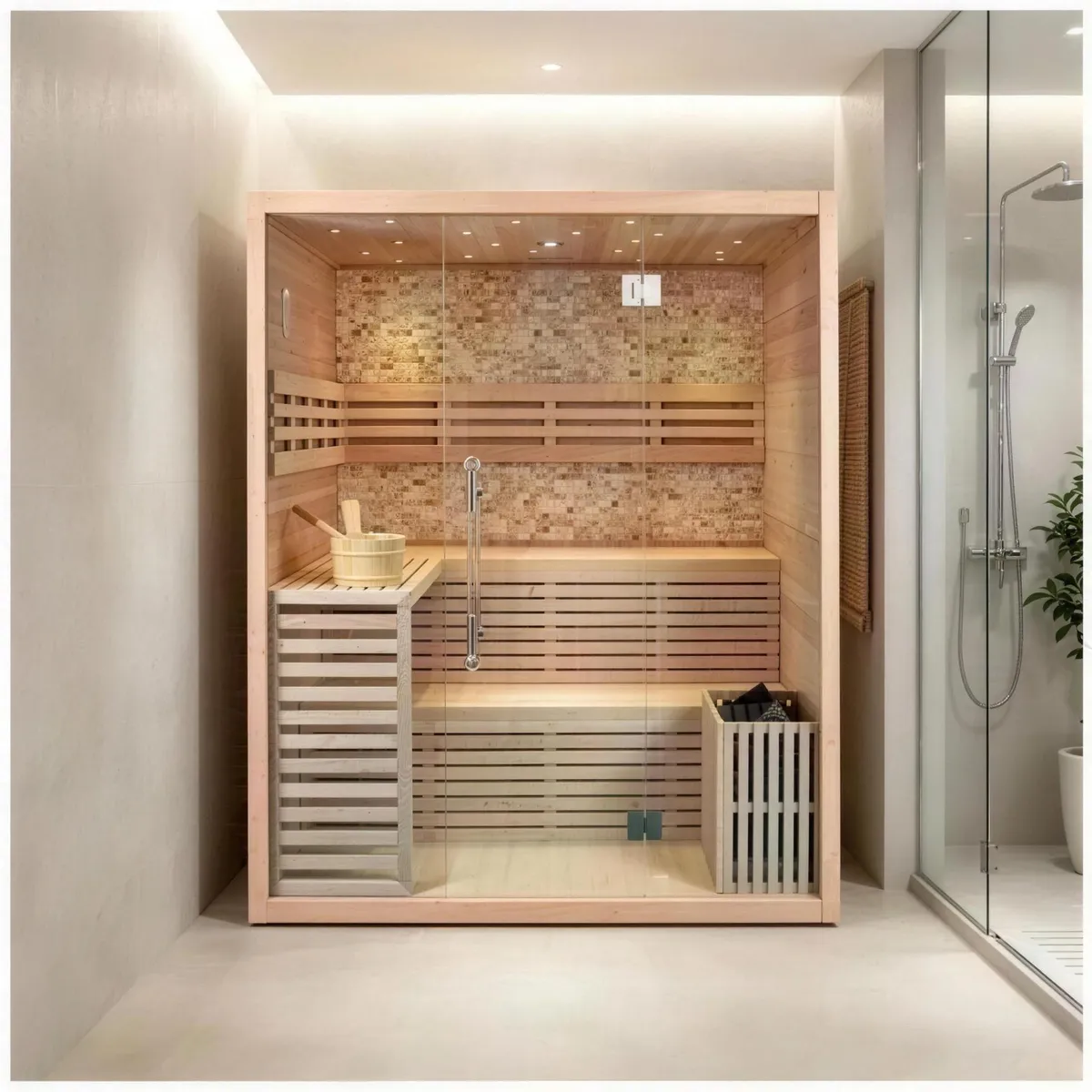 Single-person sauna room with a stone feature wall and an electric sauna heater