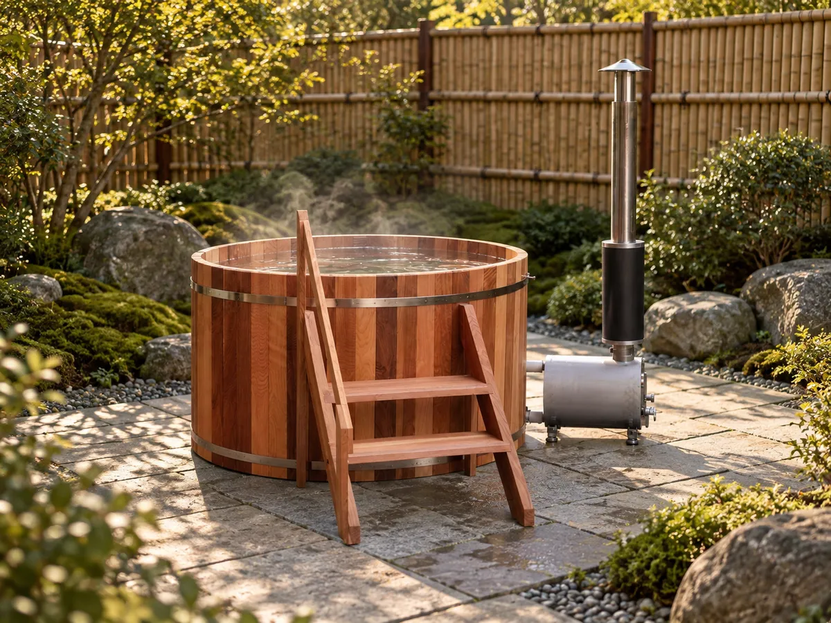 Wooden hot tub in red cedar with its wood-fired heater, chimney and step ladder in a garden